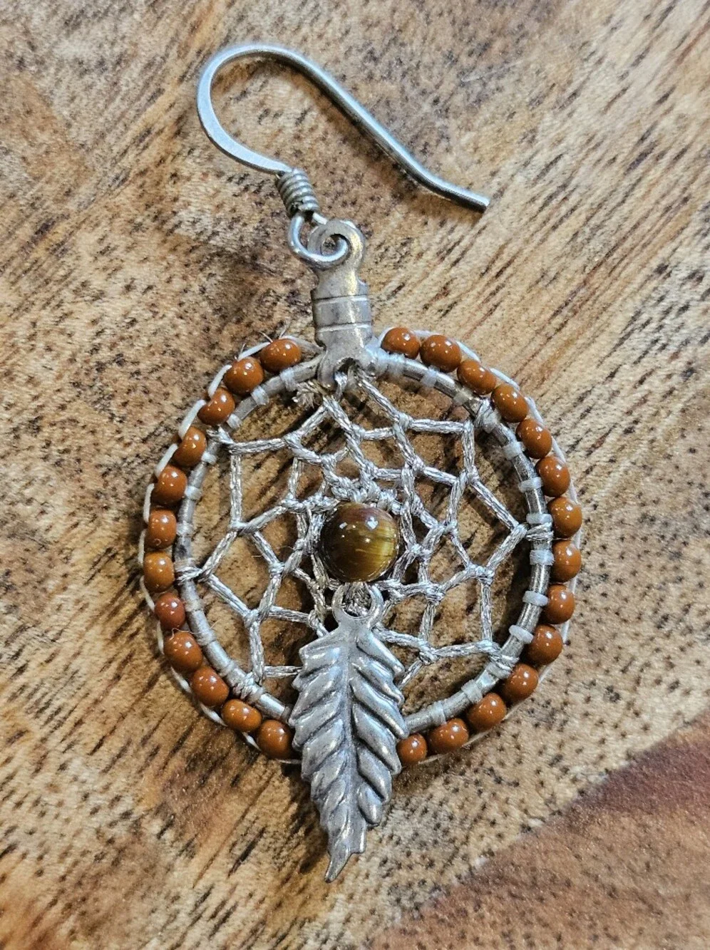 Boho Dreamcatcher Feather Drop Earrings Brown Beads & Silvertone Webbing/Charm